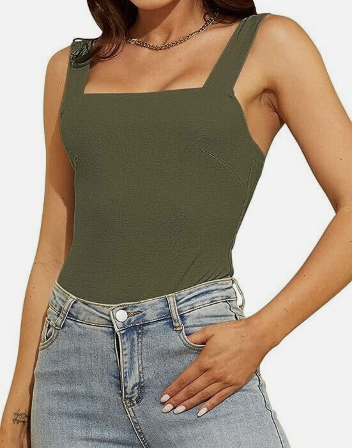 Women Square Neck Tank BodySuit Backless Sleeveless (Size XL)