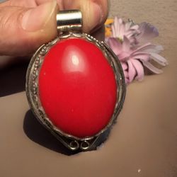 Stunning Hand Carved & Handmade  Sherpa Coral Pendant Set In Tibetan Silver 26Grams
