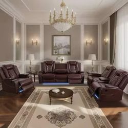 Power Electric Brown Leather Fully Reclining Three Piece Couch Set 