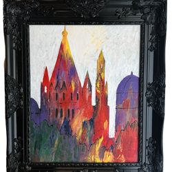 Abstract Original Painting Art on Canvas in Black Frame Colorful Architecture