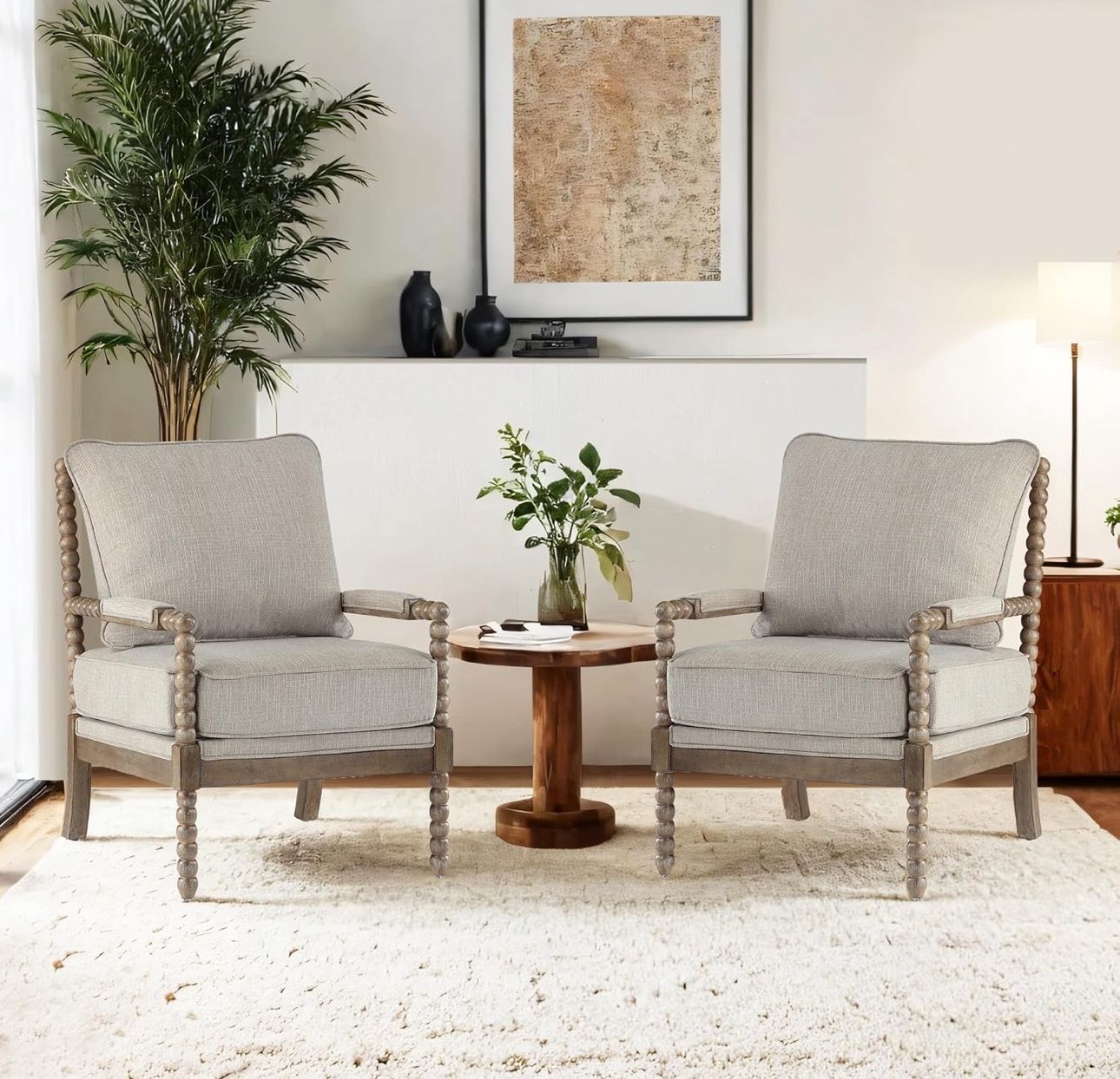 Linen Fabric Spindle Accent Chairs Set of 2,Spool Chairs with High Resilience Spring Cushion and Armrest Pads, Leisure Armchair for Living Room Bedroo