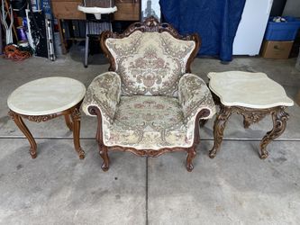 Vintage Hand Crafted Chair, Side Tables W/ Marble Tops