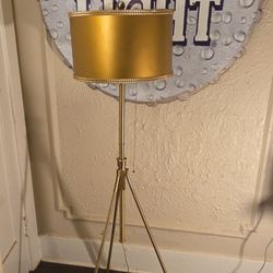 Nice Tri-Pod Brass Floor Lamp. Height Adjustable, Pull Chain Socket, Custom Shade, Nice Condition.