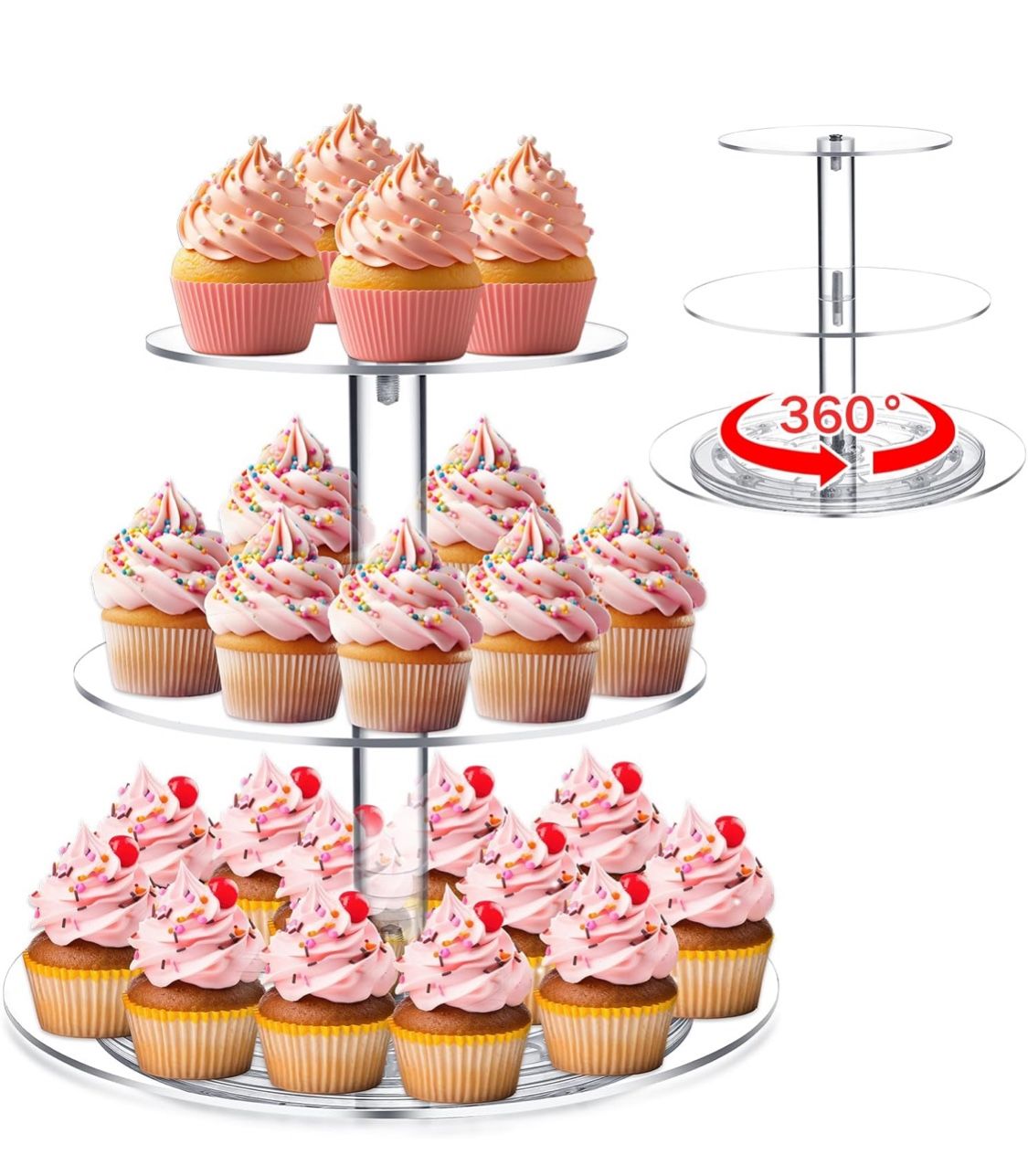 Tiered Cupcake Display Stand Rotatable Cake and Cupcake Tower Stand Combo Clear Acrylic Cake Holder with Tiered Tray for Dessert Pastry Birthday Weddi