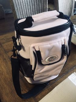 Pink wine bottle carrier with plastic glasses cooler