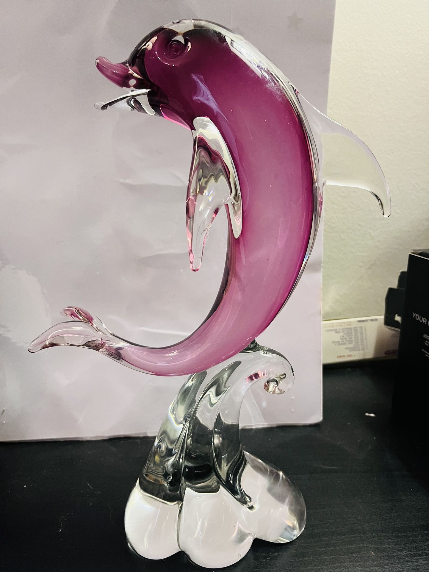 Vintage Murano Dolphin Hand Made in Murano Italy Formia Vetri di Murano Pink & Clear 13 inches