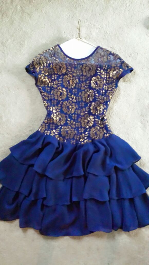 Holiday Dress - size 4, blue with lace and gold