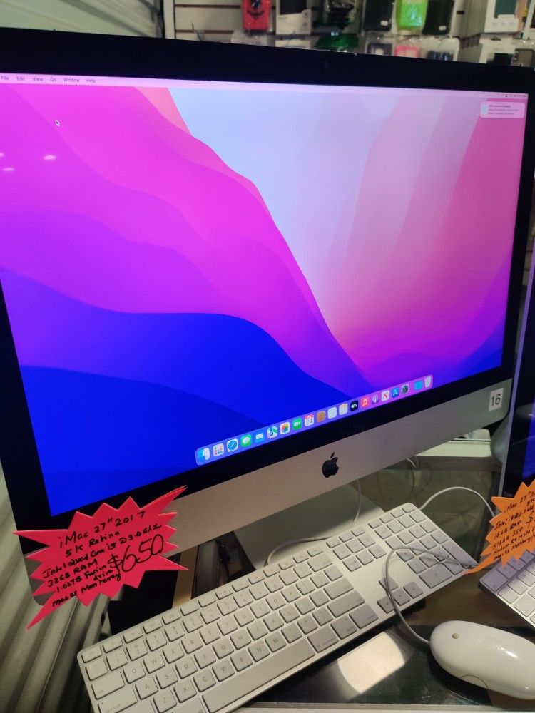 Apple iMac 2017 27" 5K Retina Intel Quad-Core , 32GB Ram, 1.02 TB Fusion Drive, AMD Radeon Pro 570 4GB Graphics, mocOS Monterey, Apple Wirele