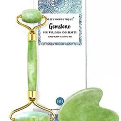 Gua Sha & Face Jade Roller Massager - Natural Healing Crystal Relaxing Relieve Wrinkles (Green)