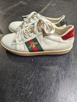 Gucci Ace Size 7  White Leather and Snakeskin Embossed Leather Lace Up