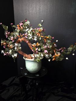 Vintage Chinese Jade Glass  Hardstone Flower Bonsai Tree Celadon Vase Chipped
