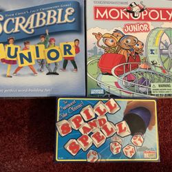 3 board and dice games - scrabble jr. monopoly junior and spill and spell
