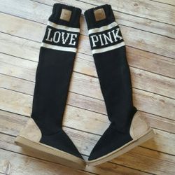 Victoria's Secret Love Pink Black Mukluk sweater slippers boots size small 6