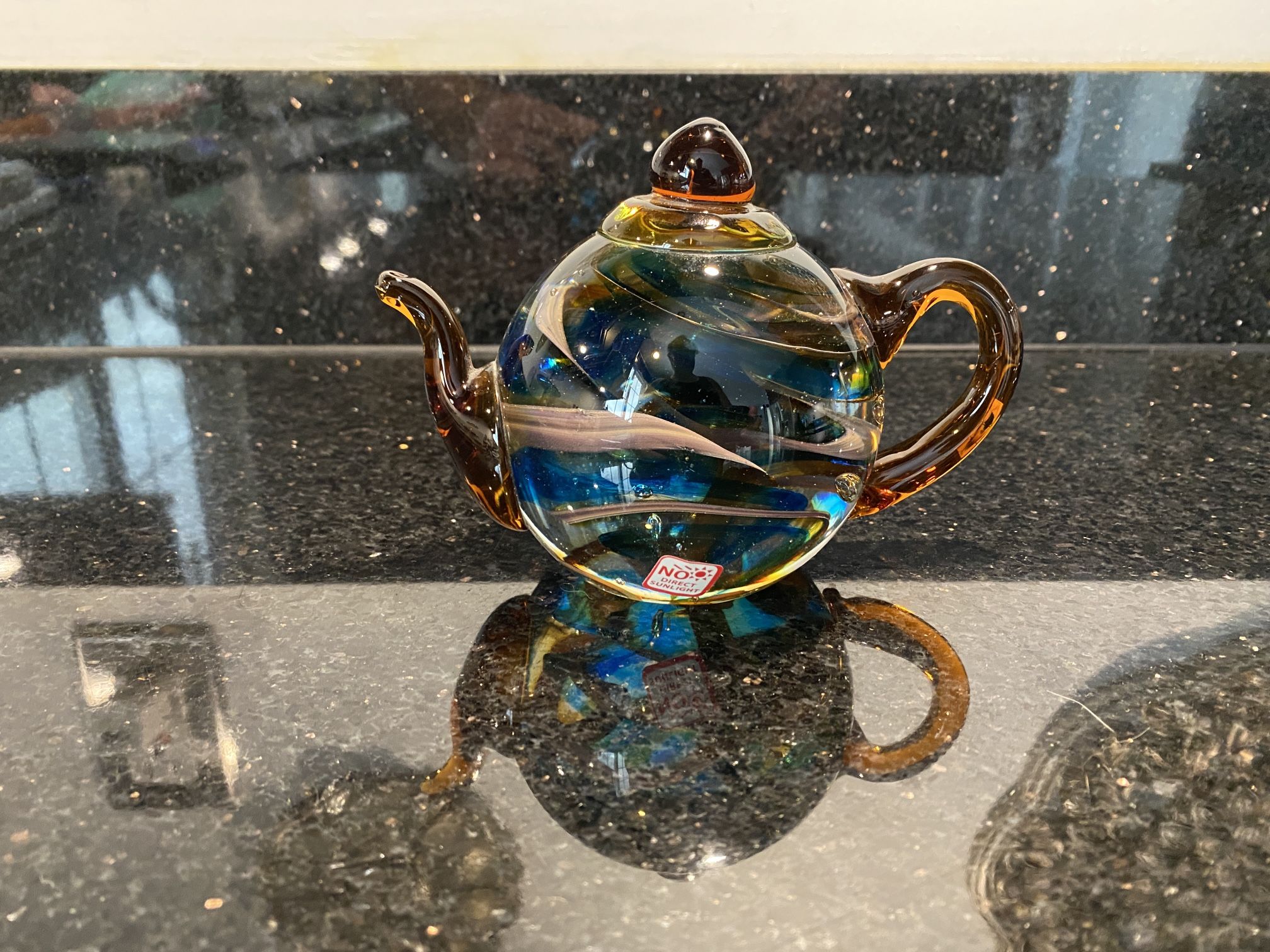 Dynasty Gallery Heirloom Art Glass Teapot Kettle Colorful Swirls & Bubbles 4x6”