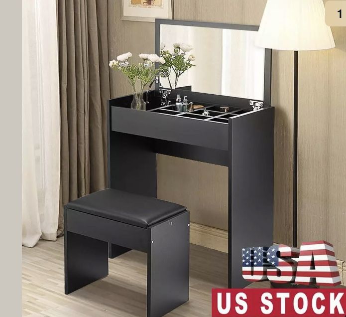 Makeup Vanity Desk Set w/ Mirror Stool Storage Shelves Organizer Dressing Table