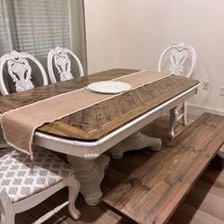 Solid wood Vintage/farmhouse Style Dining Table  With 4 Chairs And Bench