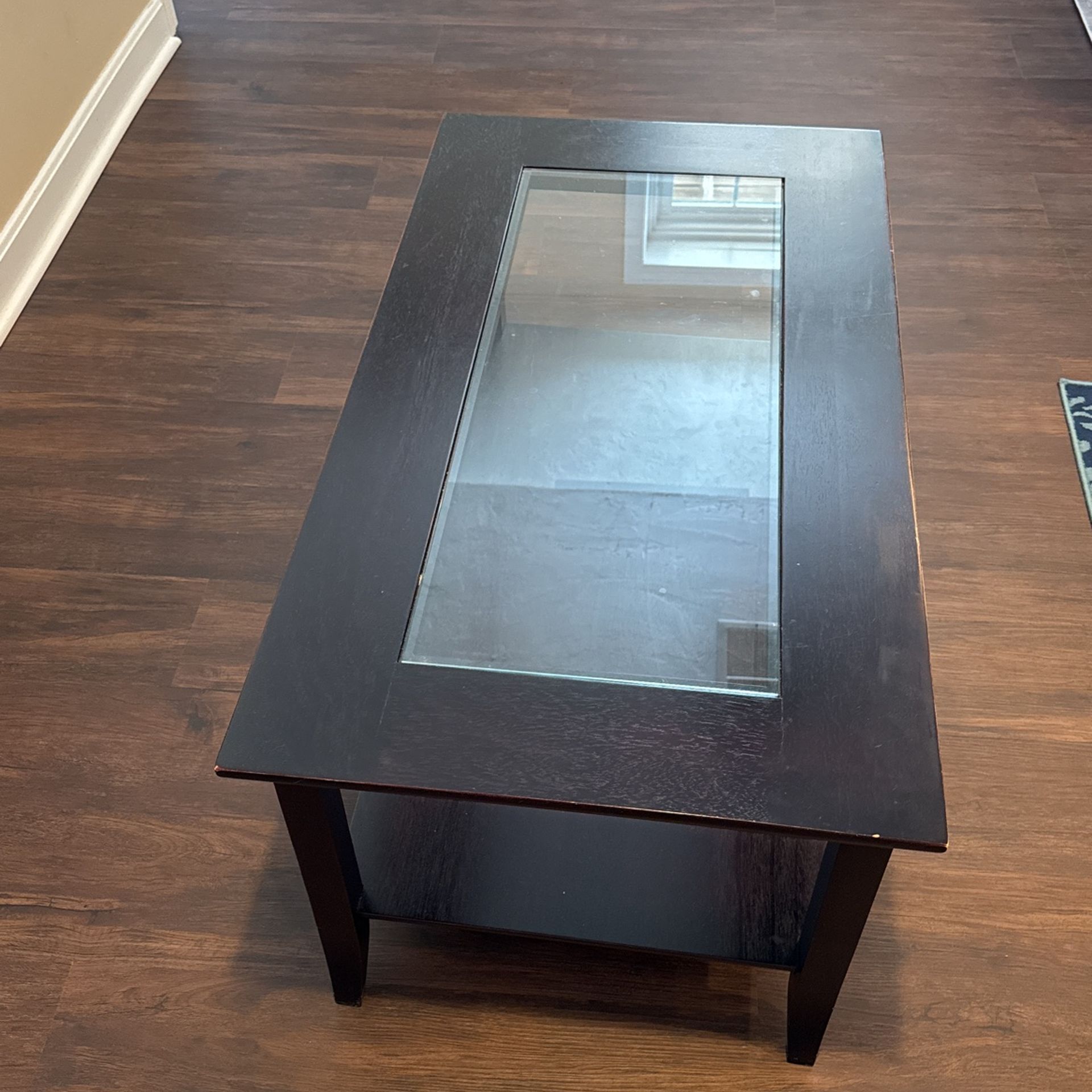 Rectangular Coffee Table with Glass Top And Shelf, Espresso