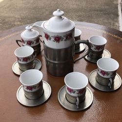 Vintage German Neuerer porcelain espresso cups pewter metal holders Rein Zinn West Germany Bavaria tea coffee set 9 pieces royal rose