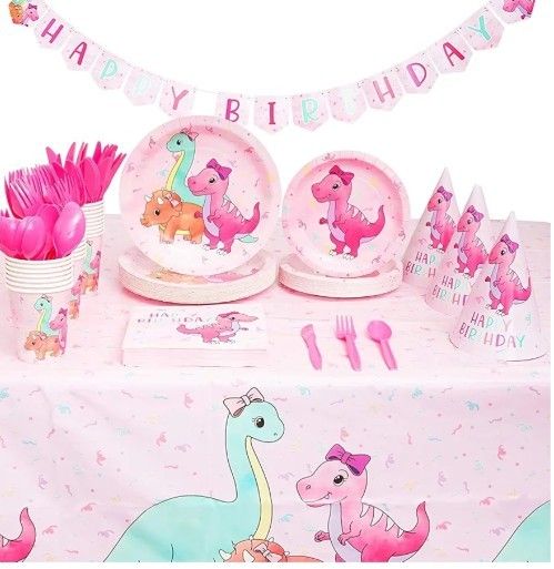 Girls Pastel Pink Dinosaur Birthday Party decorations 