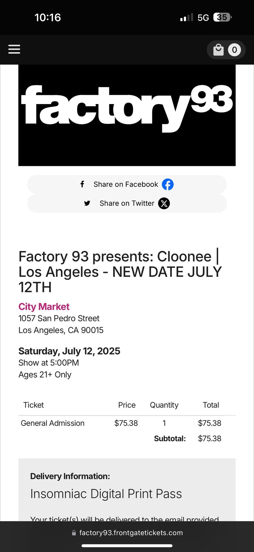 (1) Cloonee July 12 Ticket