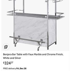 Benjara Bar Table with Marble and Chrome Silver Finish
