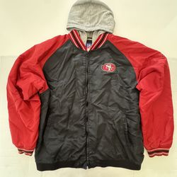 Pre Owned Fair Last 5 Photos Stitching on Pocket Trim VTG  San Francisco 49ers Hooded Jacket  NFL Reebok  Embroidered  Red Black Men  Size XL