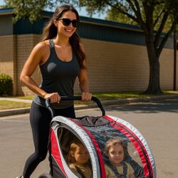 Deluxe 3-in-1 Double 2 Seat Bicycle Bike Trailer Jogger Stroller for Kids Children | Foldable Collapsible w/Pivot Front Wheel 