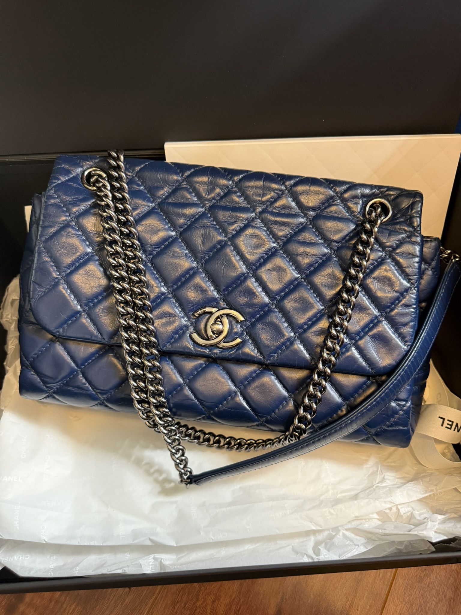 Authentic CHANEL Classic Maxi Flap Bag – Blue Quilted Oil Wax Calfskin with Silver Hardware
