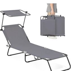 Folding Outdoor Lounge Chair, Beach Lounge Chair, 600D Fabric, Tanning Chaise Lounge Portable & Adjustable, with Canopy, 5-Positions, 265 lbs Capacity