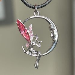 Moon & Fairy (Mixed Metals) Necklace on 16-18 inch Black Cord 