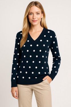 VINTAGE Y2K Tommy Hilfiger V-neck Polka Dots Sweater Navy Blue & White