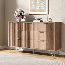 Fluted 7 Drawer Dresser for Bedroom, Gold Handles, 47.2" W, Oak Modern Wood Chest of Drawers with Scratch-Proof Metal Handles for Living Room, Hallway