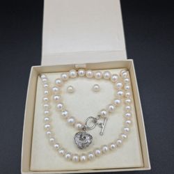 Honora Pearl Necklace, Bracelet, and Earrings Set Genuine & Pearl Silver