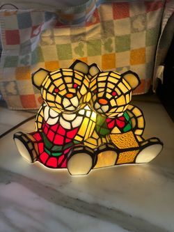 Vintage Tiffany-Style Stained Glass Teddy Bear Lamp