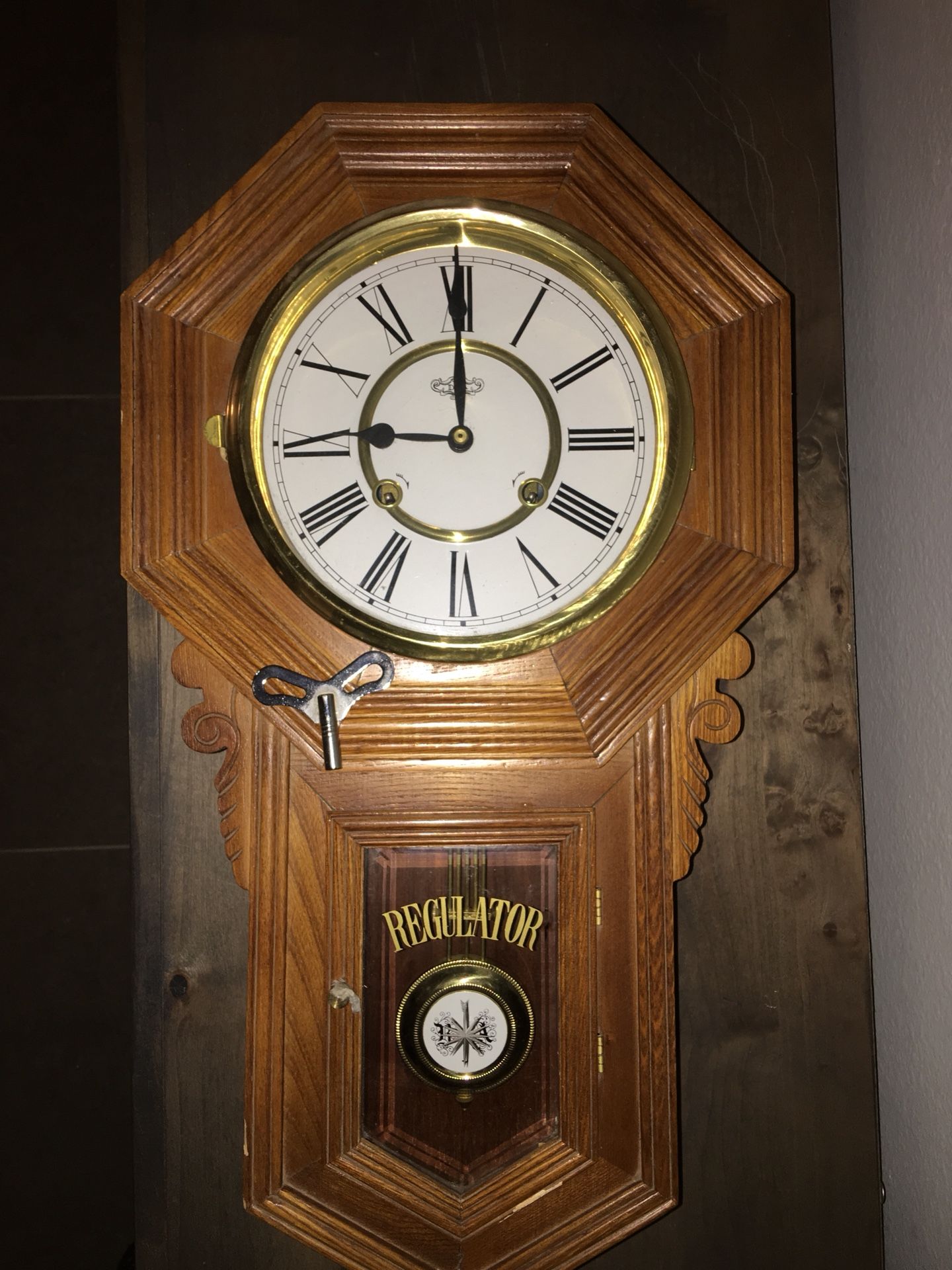 D & A Oak Regulator Chiming Wall Clock Key Wind With Pendulum & Key