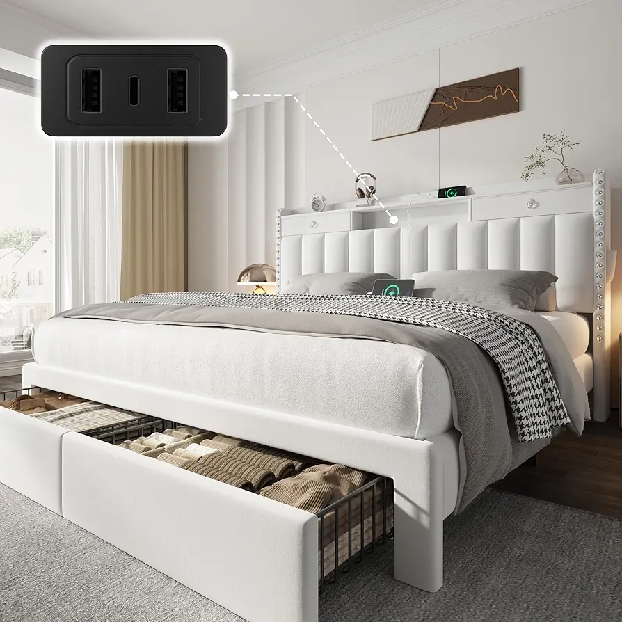 KING Bed Frame whit 4 Drawer and 2USB&1 Type-C Charging Ports,Upholstered Platform Bed Frame with Storage Headboard Bed Frame,Required Easy Assembly