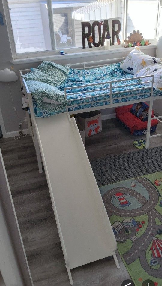 Child's Bed With Slide (New Mattress With Cover Included)