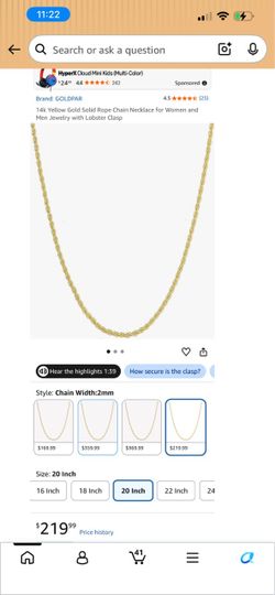 14k Yellow Gold Solid Rope Chain Necklace for Women and Men Jewelry with Lobster Clasp
