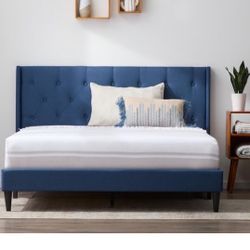 Twin Bed, Twin Platform Bed, Navy, Upholstered