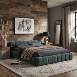 Clara Queen Marshmallow Tufted Floor Bed with Chenille Upholstered Headboard
