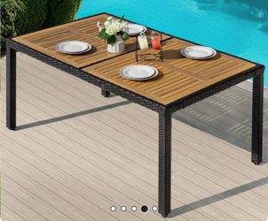 Patio Dining Table For 6, Acacia Wood Top, Pe Rattan-wrapped Metal Frame