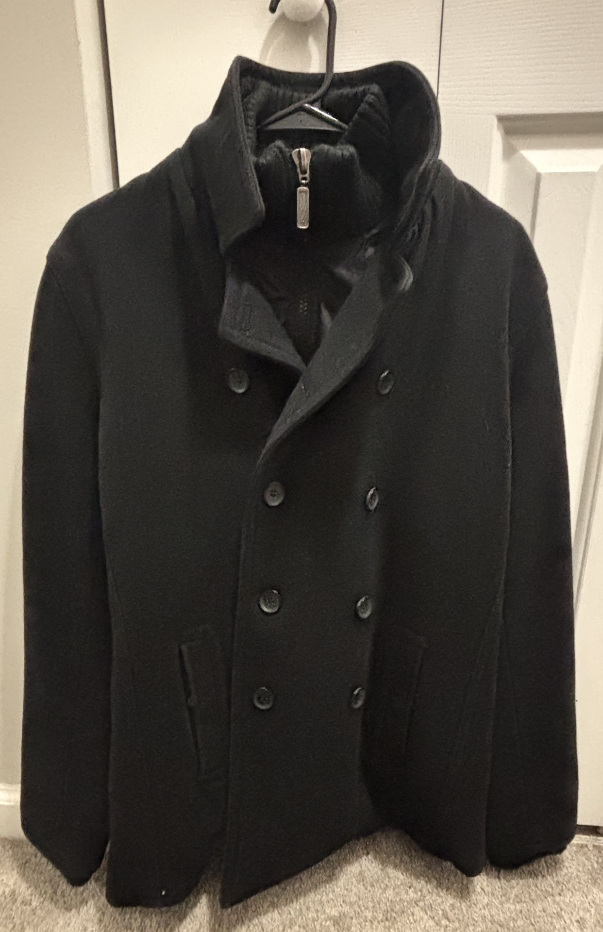 Ben Sherman Black Wool Coat Funnel Neck Ribbed Bib Black Size Medium Zip