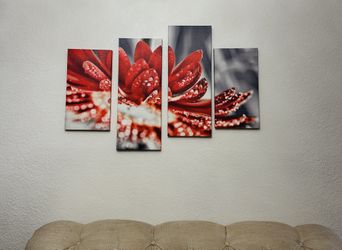 Modern 4-Panel Red Flower Wall Art