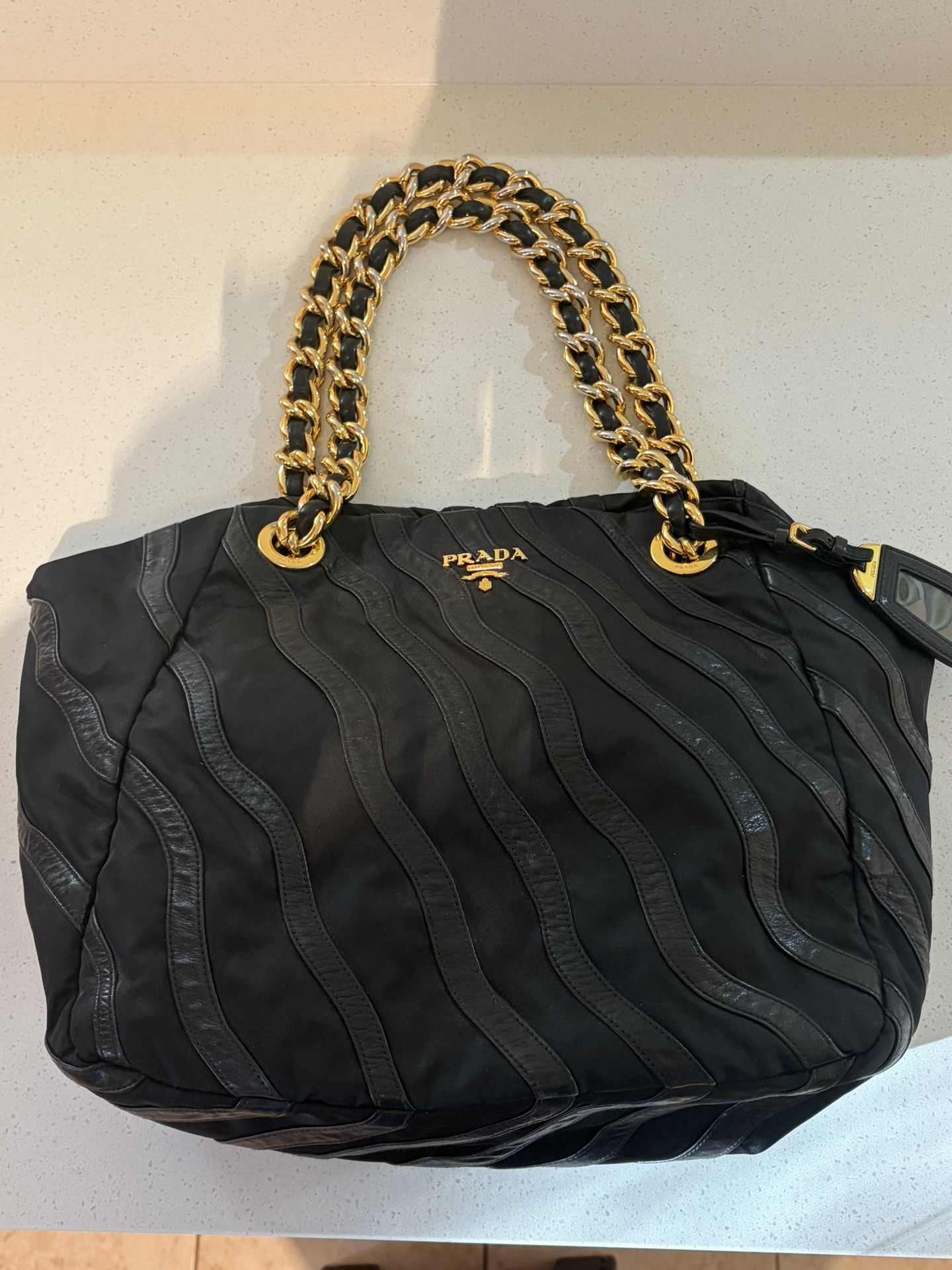 Prada black Tessuto leather tote with gold-tone hardware
