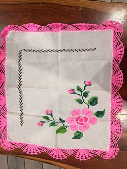 Handmade Cross Stitch Doily with Crochet Edge