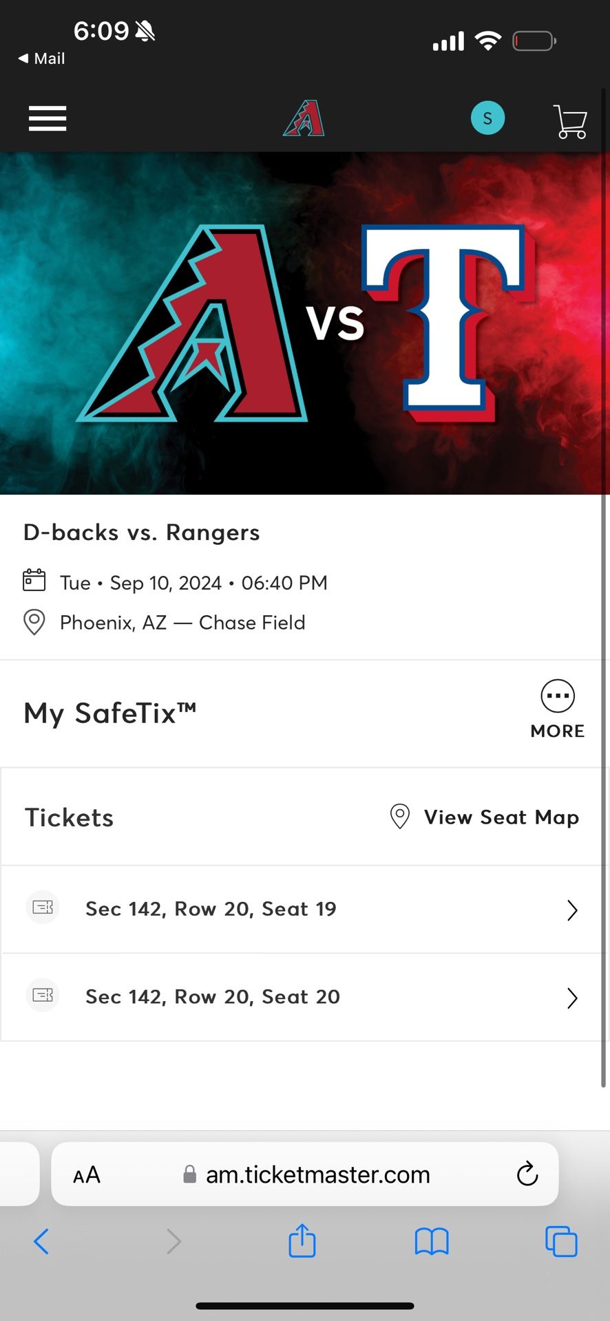 2 Tickets Dbacks/Rangers
