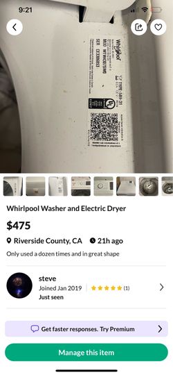Whirlpool  Washer purchased for 650 will sell for 225 OBO