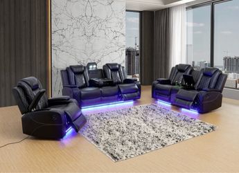 Power electric black leather fully reclining couch set