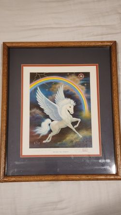 K. Chin Signed Fantasy Art Print Unicorn/Pegasus Rainbow Framed 