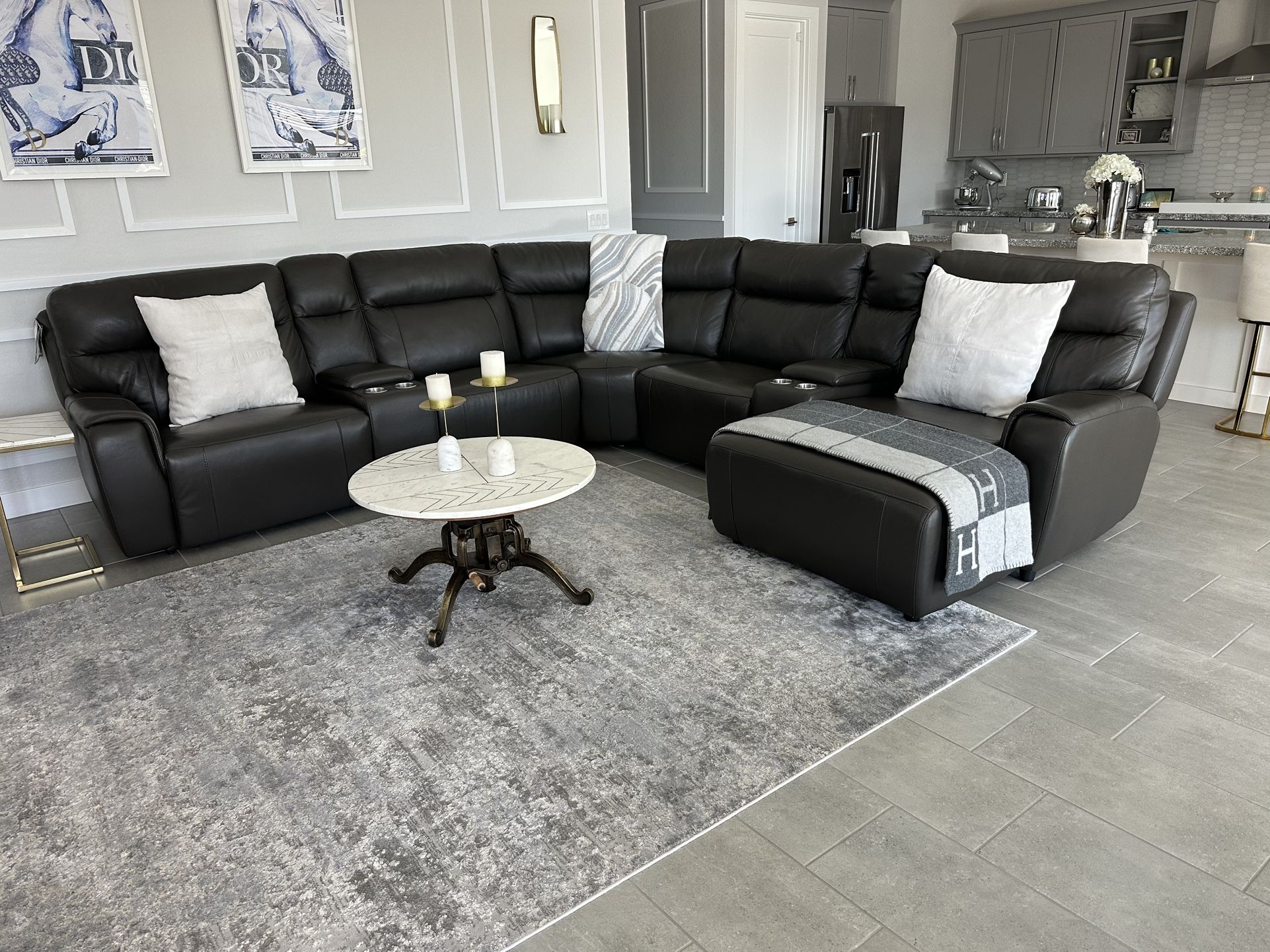 Genuine Leather Charcoal Grey Power Reclining Sofa with Chaise Lounge